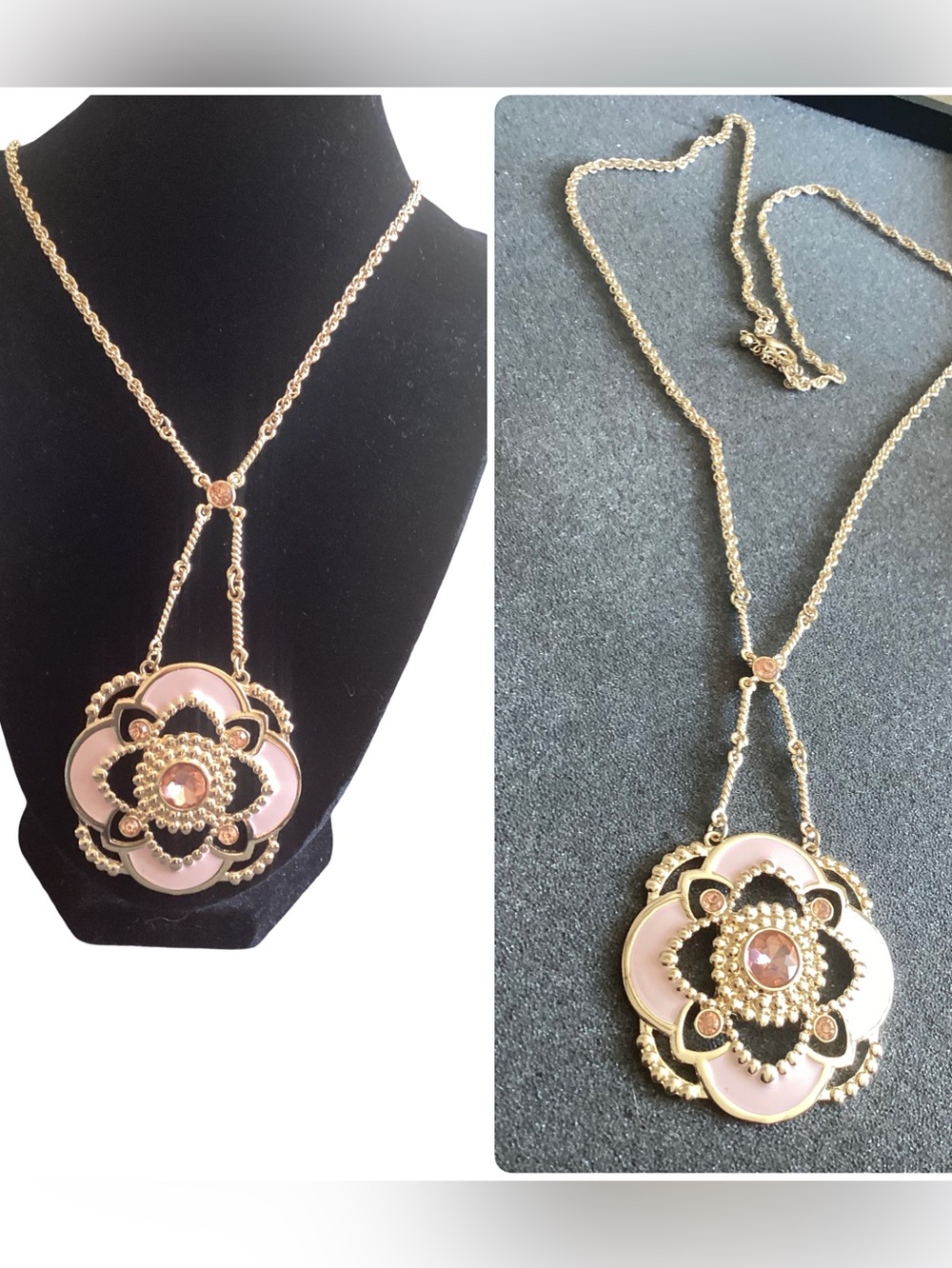 🌺 Gold-Tone Pink Enamel Floral Pendant Necklace